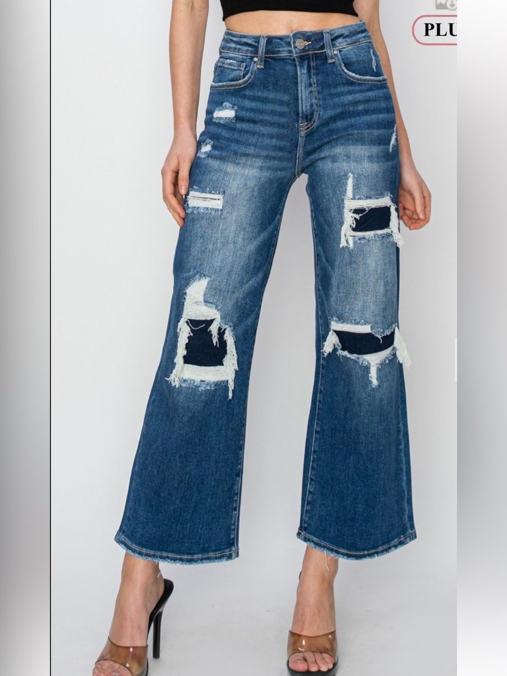 358 RISEN 1X - 3X HIGH RISE PATCH DETIALED CROP WIDE JEANS